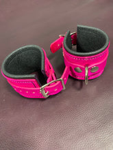 Load image into Gallery viewer, Cuffs: Wrist Cuffs in Pink and Black Leather, One Pair
