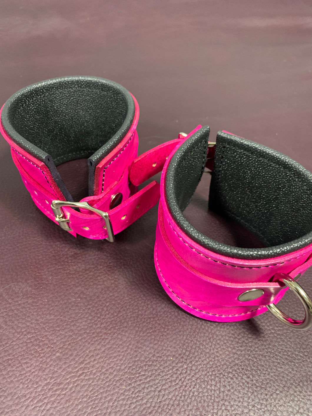 Cuffs: Ankle Cuffs in Pink and Black Leather, One Pair