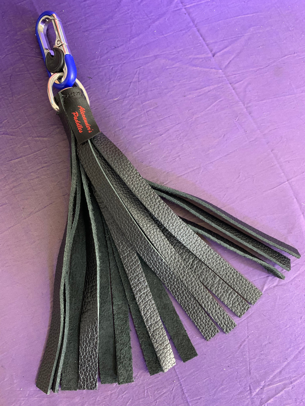 Flogger: Black Leather Keychain Flogger with Blue Metal Fob