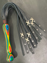 Load image into Gallery viewer, Flogger: The Scourge black leather flogger with metal embellishments

