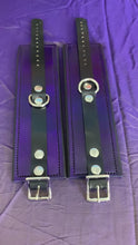 Load and play video in Gallery viewer, Cuffs: Ankle Cuffs in Purple & Black Leather, One Pair