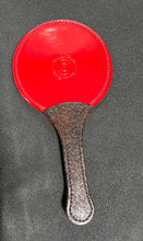 Load image into Gallery viewer, Leather Paddle: Lollipop Style in Red with Dome Rivets in a Heart Design
