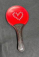 Load image into Gallery viewer, Leather Paddle: Lollipop Style in Red with Dome Rivets in a Heart Design
