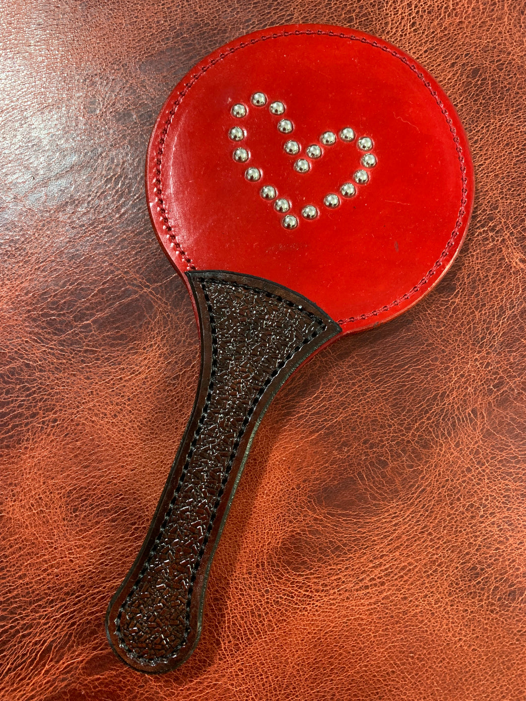 Leather Paddle: Lollipop Style in Red with Dome Rivets in a Heart Design