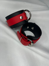 Load image into Gallery viewer, Cuffs: Wrist or Ankle Cuffs in Black &amp; Red Vegan Leather, Classic Style, One Pair
