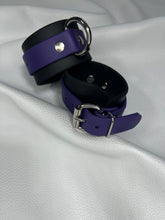 Load image into Gallery viewer, Cuffs: Wrist or Ankle Cuffs in Black &amp; Purple Vegan Leather, Classic Style, One Pair
