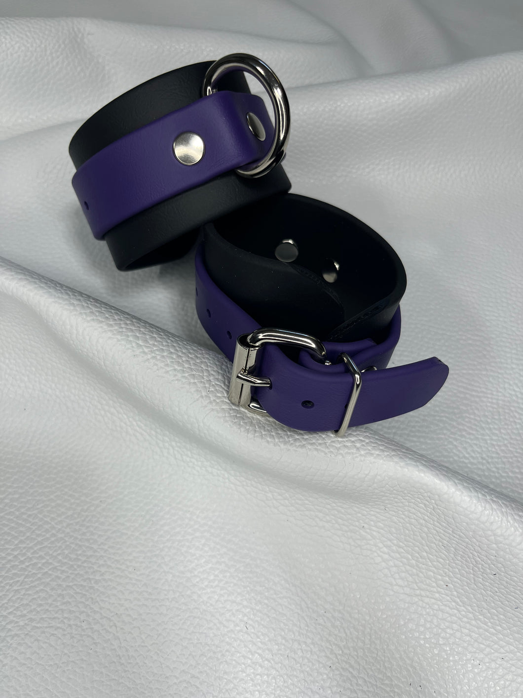 Cuffs: Wrist or Ankle Cuffs in Black & Purple Vegan Leather, Classic Style, One Pair