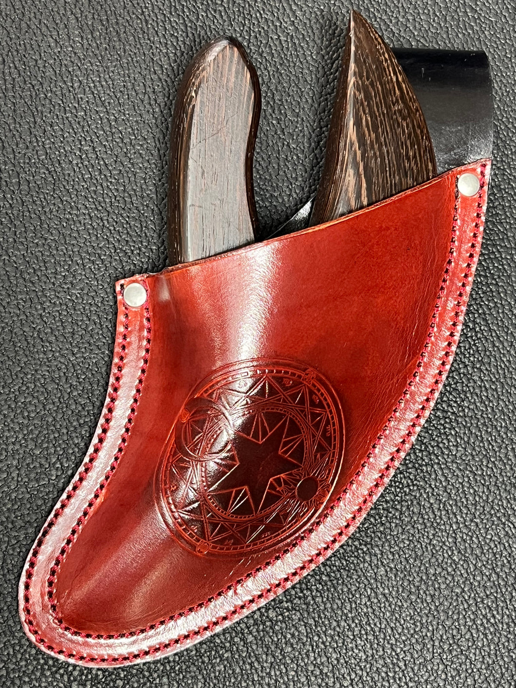 Wax Knife & Sheath, Wenge Blade, Red Leather with Astrological Motif