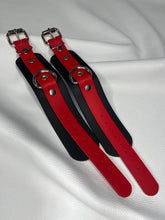 Load image into Gallery viewer, Cuffs: Wrist or Ankle Cuffs in Black &amp; Red Vegan Leather, Classic Style, One Pair
