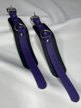 Load image into Gallery viewer, Cuffs: Wrist or Ankle Cuffs in Black &amp; Purple Vegan Leather, Classic Style, One Pair
