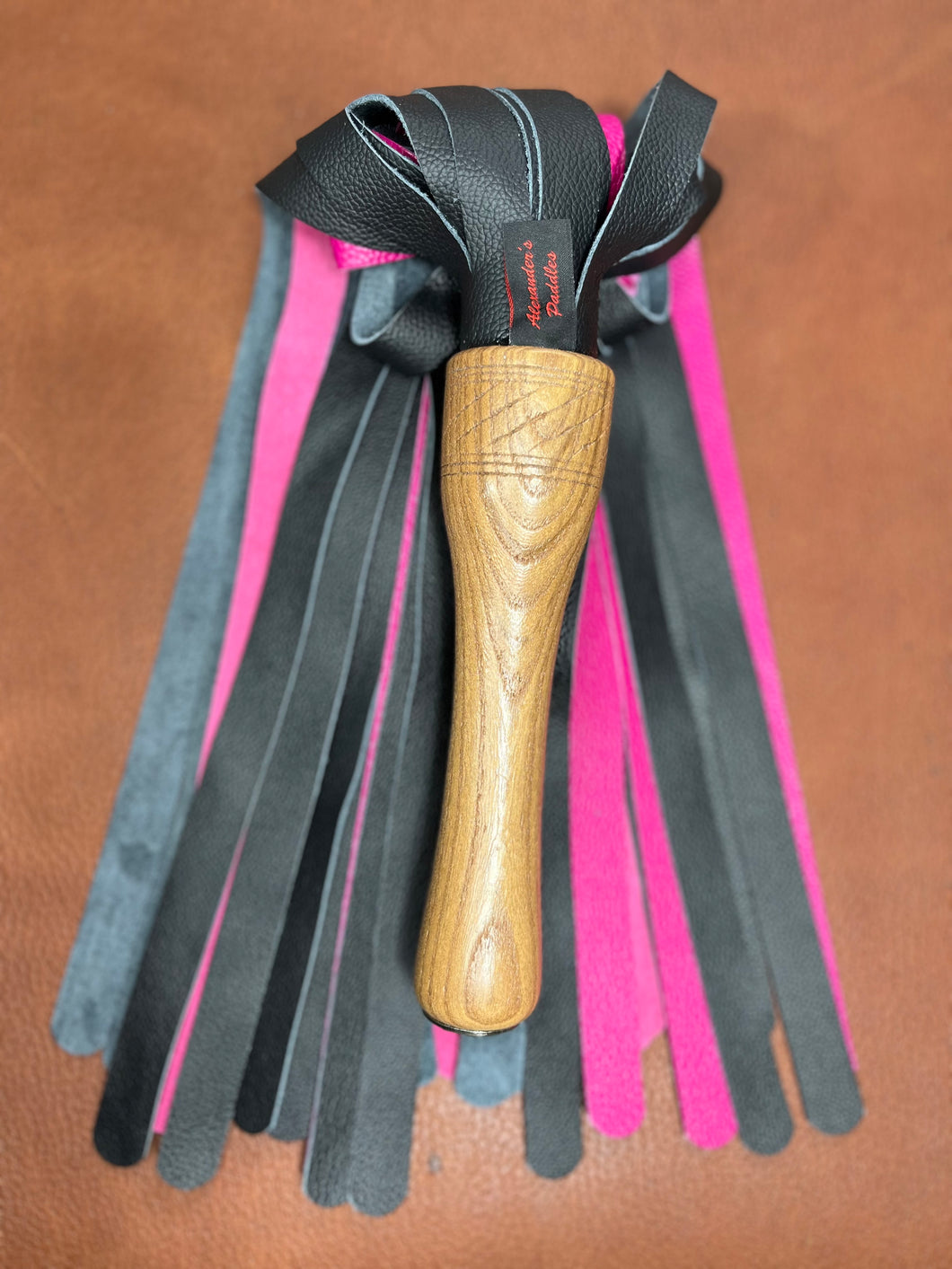 Flogger: Black & Pink Leather Mop, Hardwood Handle