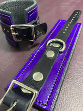 Load image into Gallery viewer, Cuffs: Wrist Cuffs in Purple and Black Leather, One Pair
