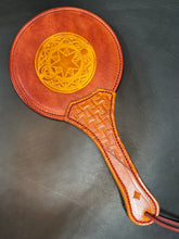 Load image into Gallery viewer, Leather Paddle: Lollipop Style Golden Brown &amp; Black with Astrological Motif
