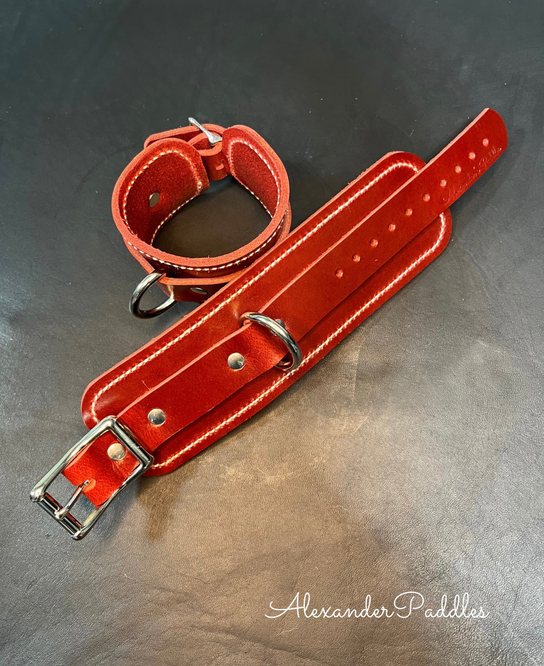 Cuffs: Wrist or Ankle Cuffs in Cherry Red Buffalo Leather, Classic Style, One Pair