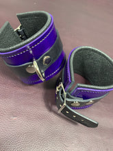 Load image into Gallery viewer, Cuffs: Wrist Cuffs in Purple and Black Leather, One Pair
