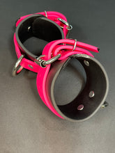 Load image into Gallery viewer, Cuffs: Wrist or Ankle Cuffs in Black &amp; Pink Vegan Leather, Classic Style, One Pair
