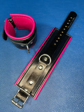 Load image into Gallery viewer, Cuffs: Wrist Cuffs in Pink and Black Leather, one pair
