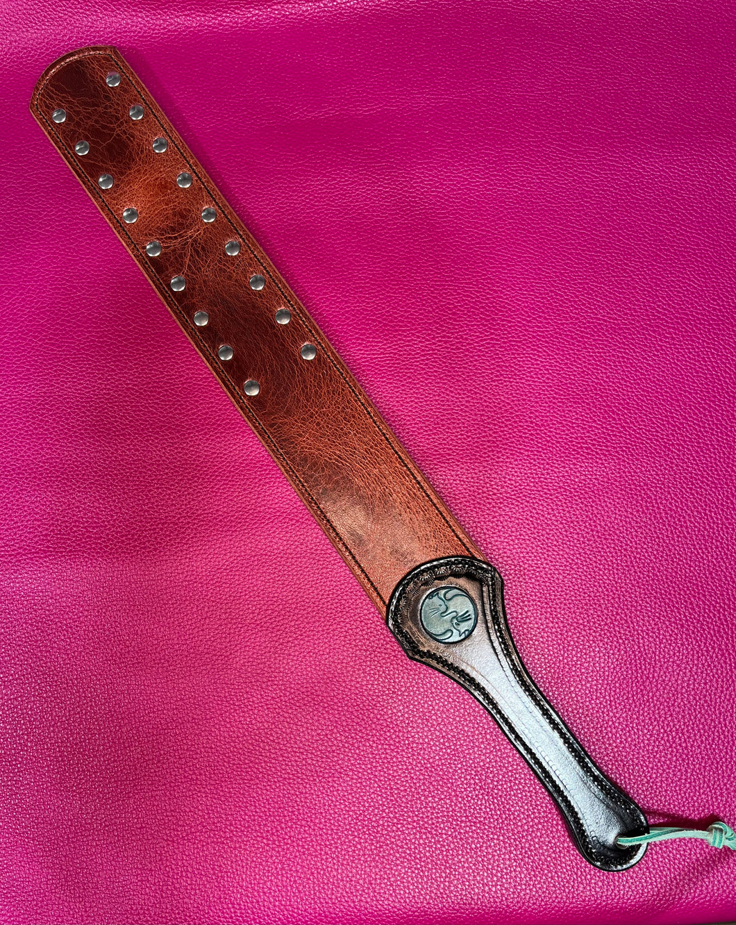 Strap: Buffalo leather with rivets, yin yang kitty