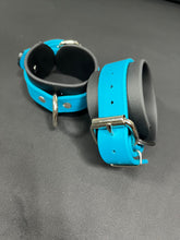 Load image into Gallery viewer, Cuffs: Wrist or Ankle Cuffs in Black &amp; Blue Vegan Leather, Classic Style, One Pair
