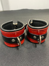 Load image into Gallery viewer, Cuffs: Wrist Cuffs in Red and Black Leather, One Pair
