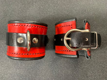 Load image into Gallery viewer, Cuffs: Wrist Cuffs in Red and Black Leather, One Pair
