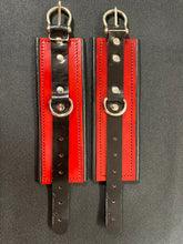 Load image into Gallery viewer, Cuffs: Wrist Cuffs in Red and Black Leather, One Pair
